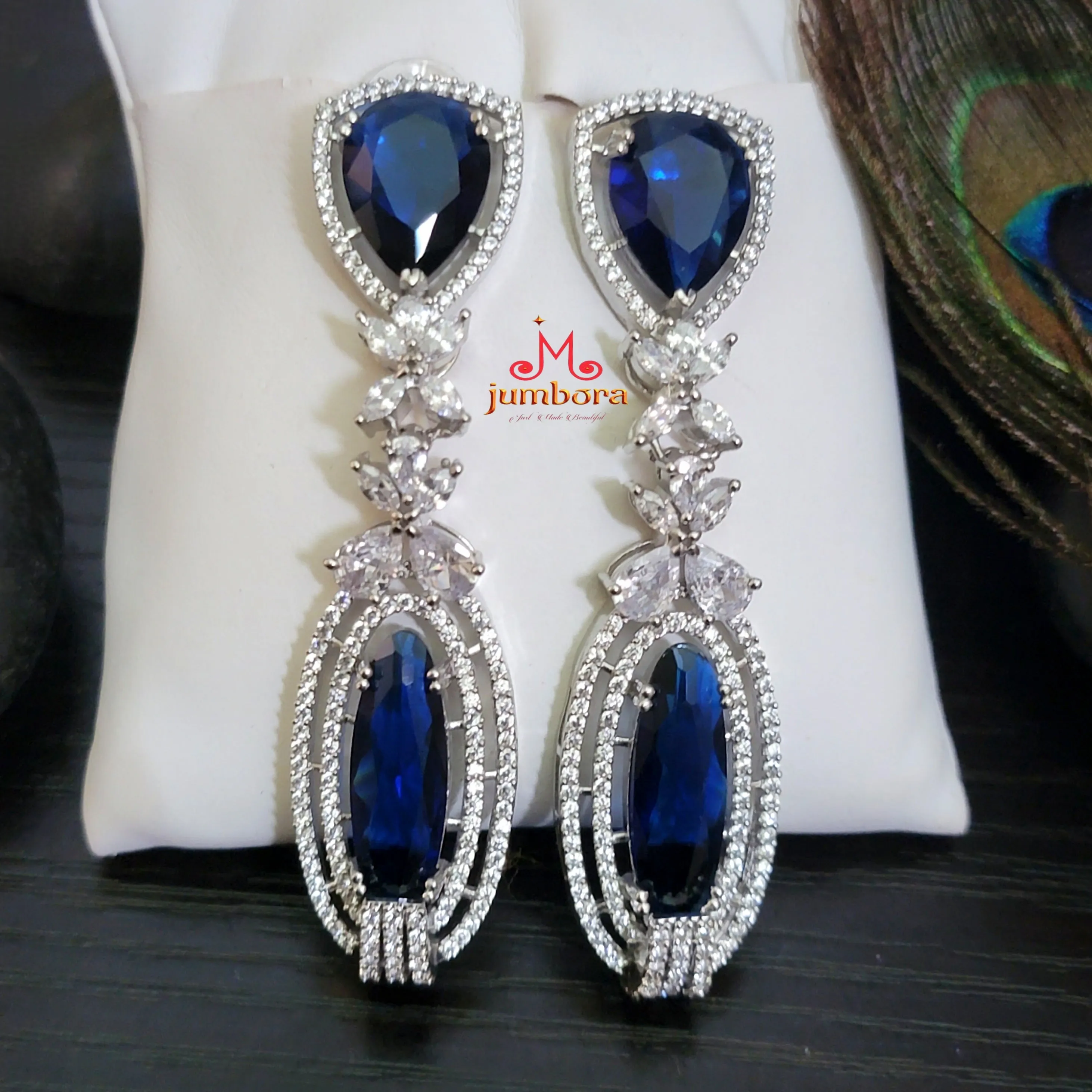 Dark Blue & White Long AD Zircon Earring