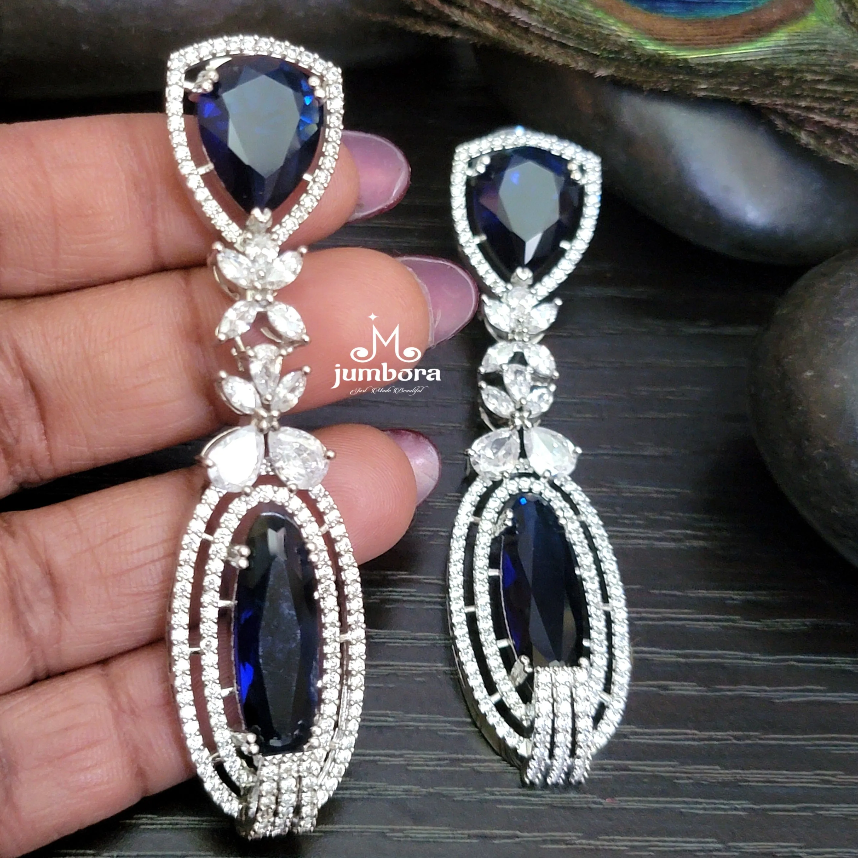 Dark Blue & White Long AD Zircon Earring