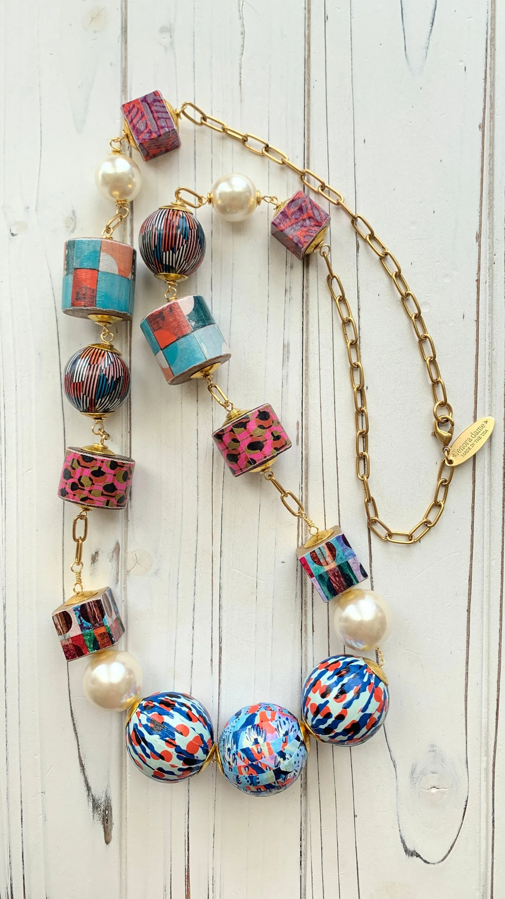 Decoupage Wooden Bead Statement Necklace