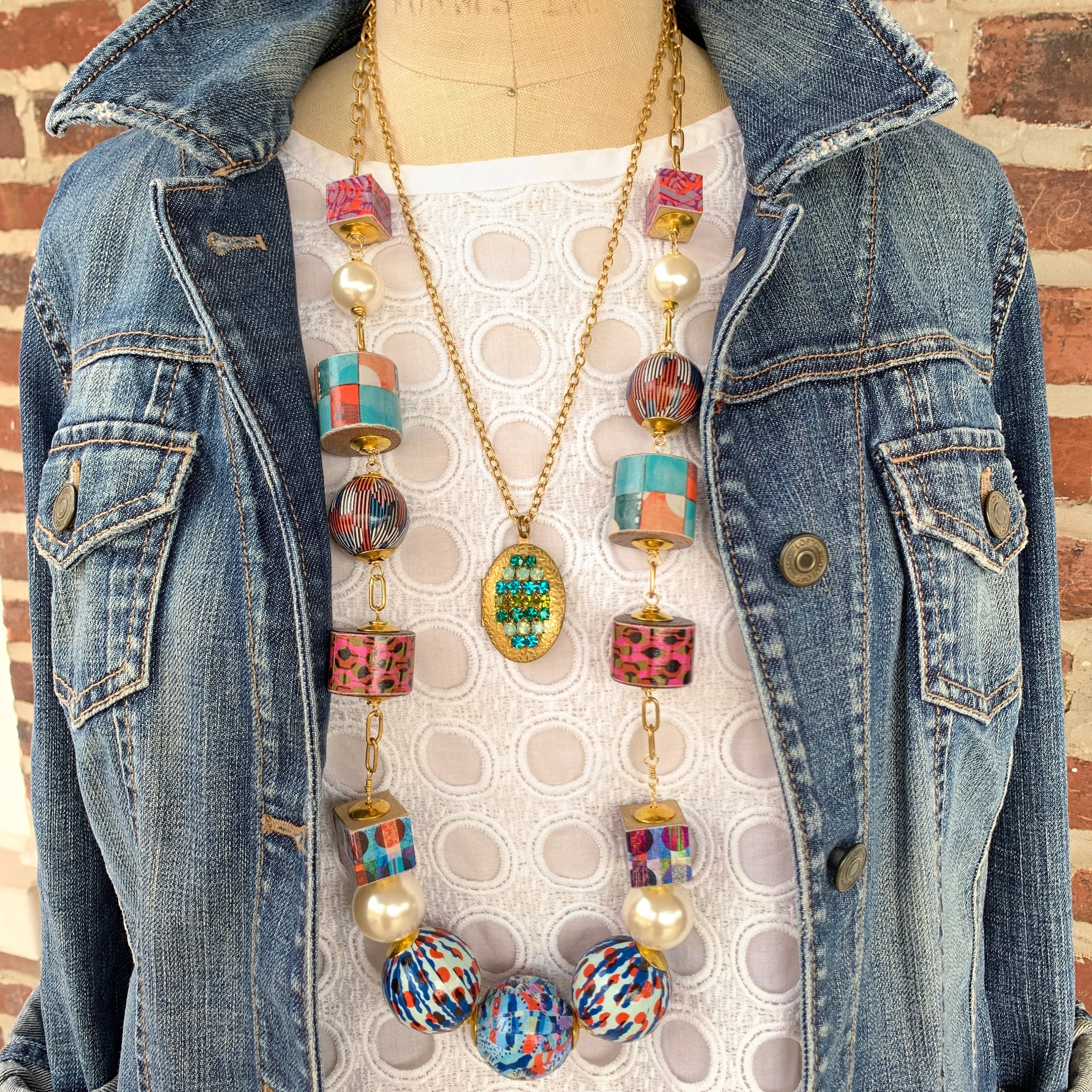 Decoupage Wooden Bead Statement Necklace