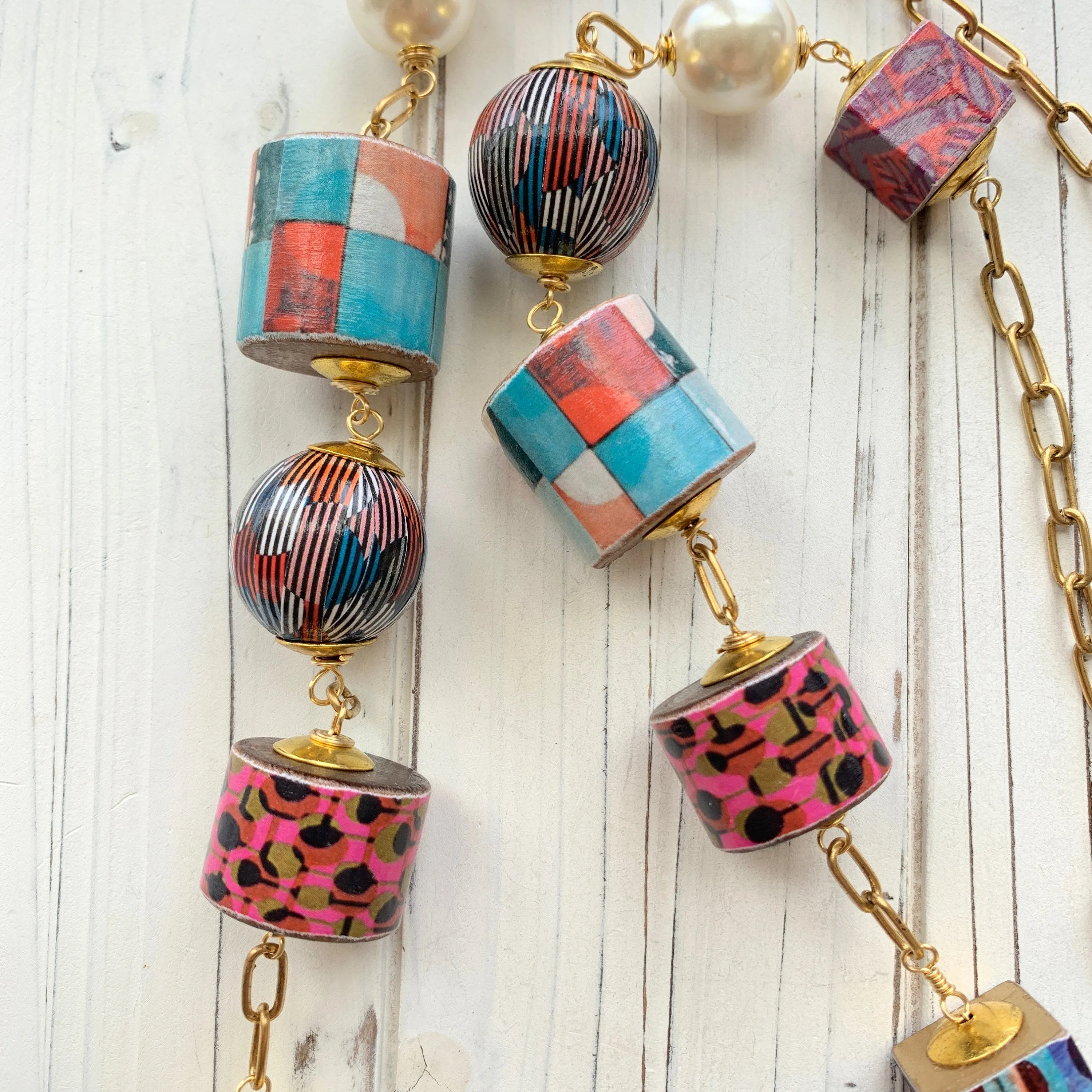 Decoupage Wooden Bead Statement Necklace