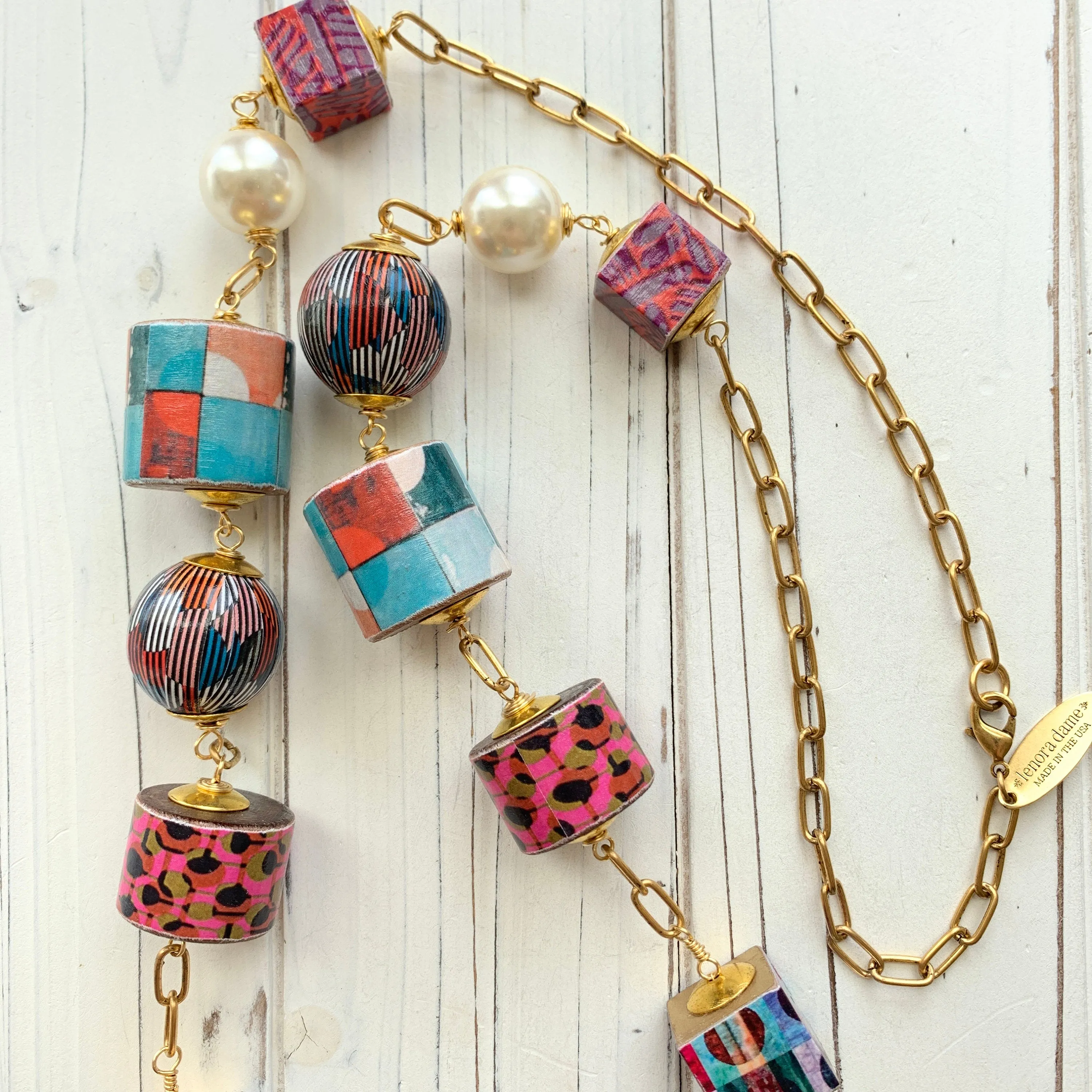 Decoupage Wooden Bead Statement Necklace