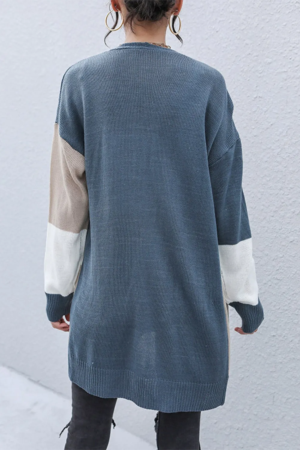 Dropped Shoulder Open Front Color Blocked Blue/White/Khaki Sweater