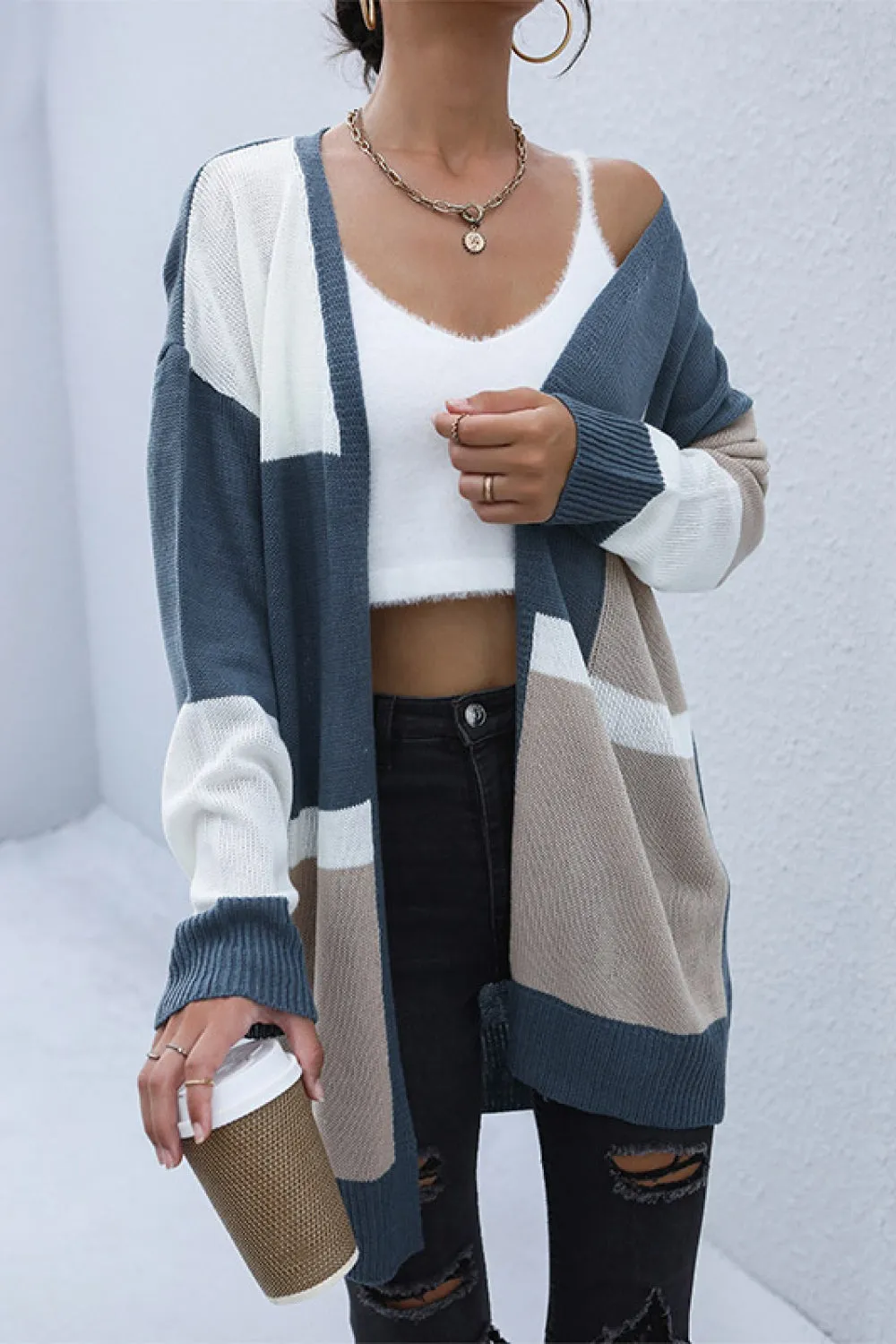 Dropped Shoulder Open Front Color Blocked Blue/White/Khaki Sweater