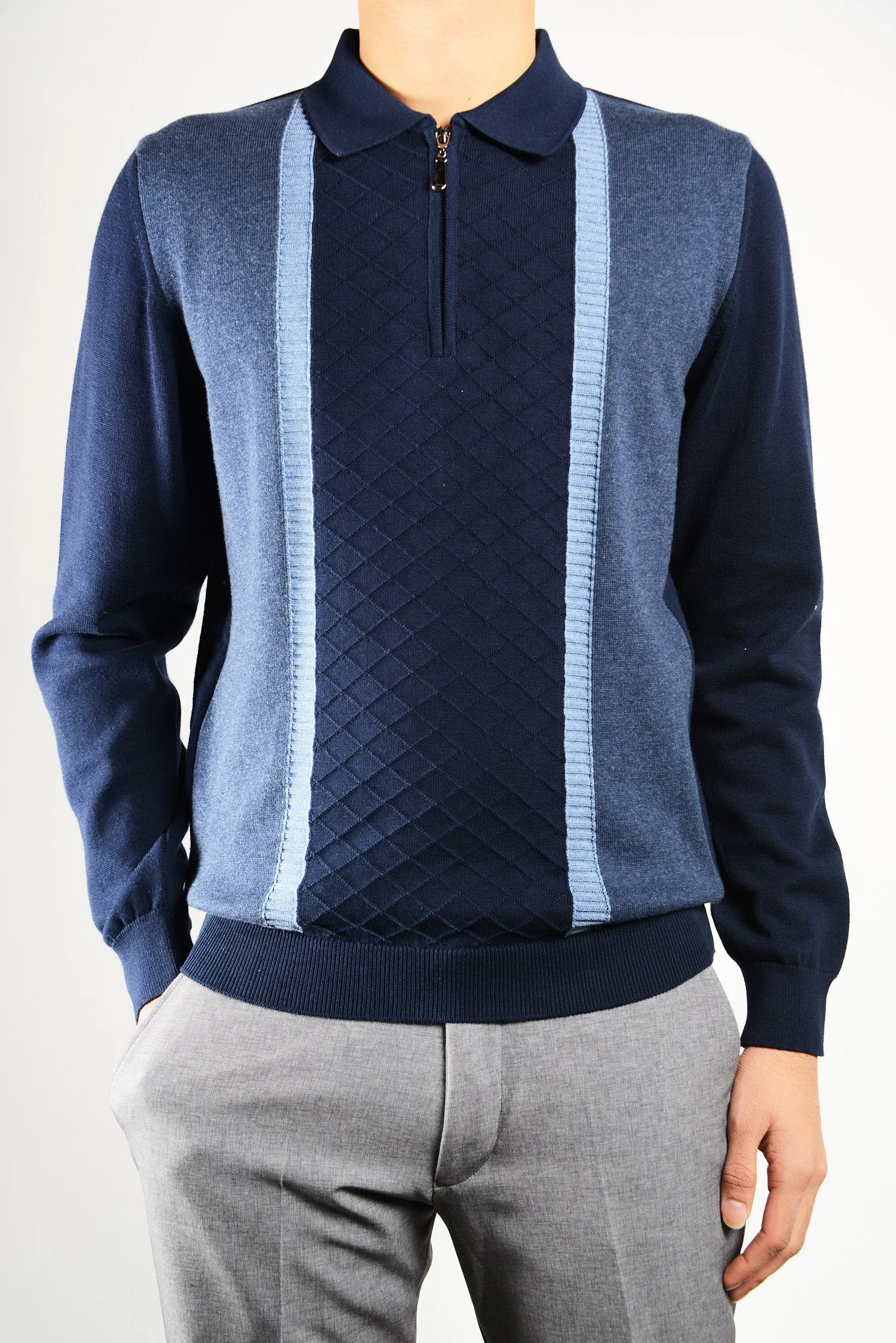 DT 1/4 Zip Textured Diamond Stitch Front Polo Ls