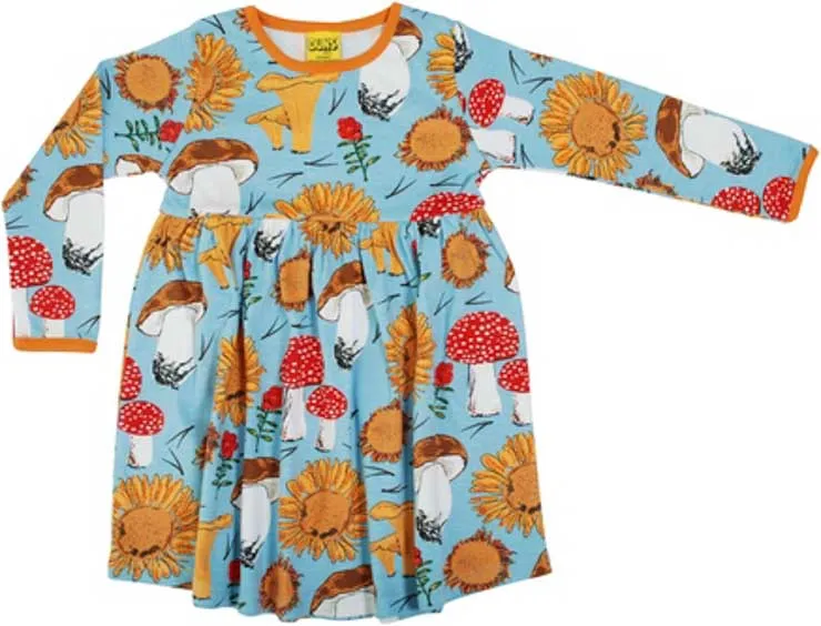 DUNS Long Sleeved Gathered Dress - Sunflower and Mushrooms Blue