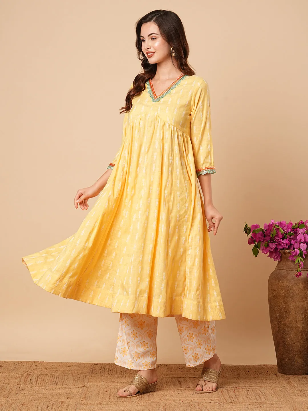 Ethnic Dobby Woven & Embroidered A-Line Pleated Kurta with Palazzo - Yellow