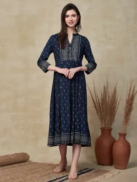 Ethnic Foil Printed Anarkali Flared Midi Dress - Navy Blue