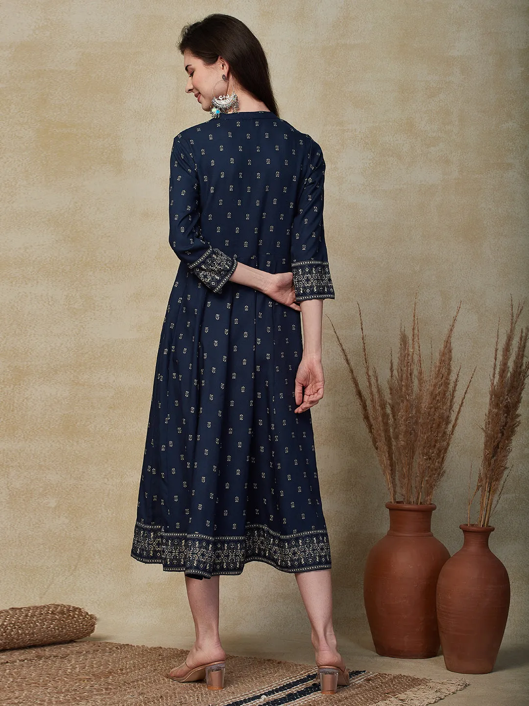 Ethnic Foil Printed Anarkali Flared Midi Dress - Navy Blue