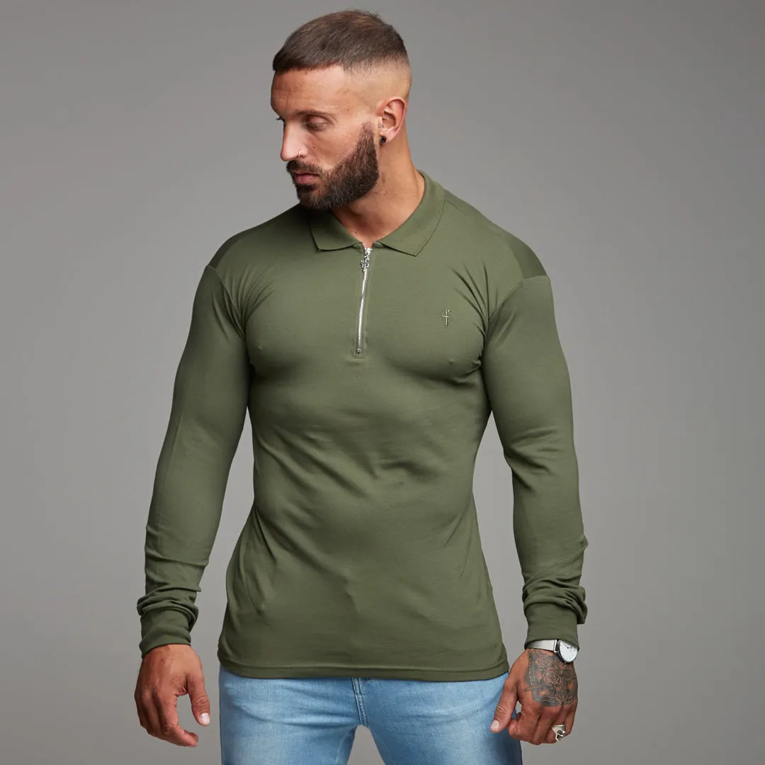 Father Sons Classic Khaki Zipped Polo Long Sleeve Shirt - FSH023