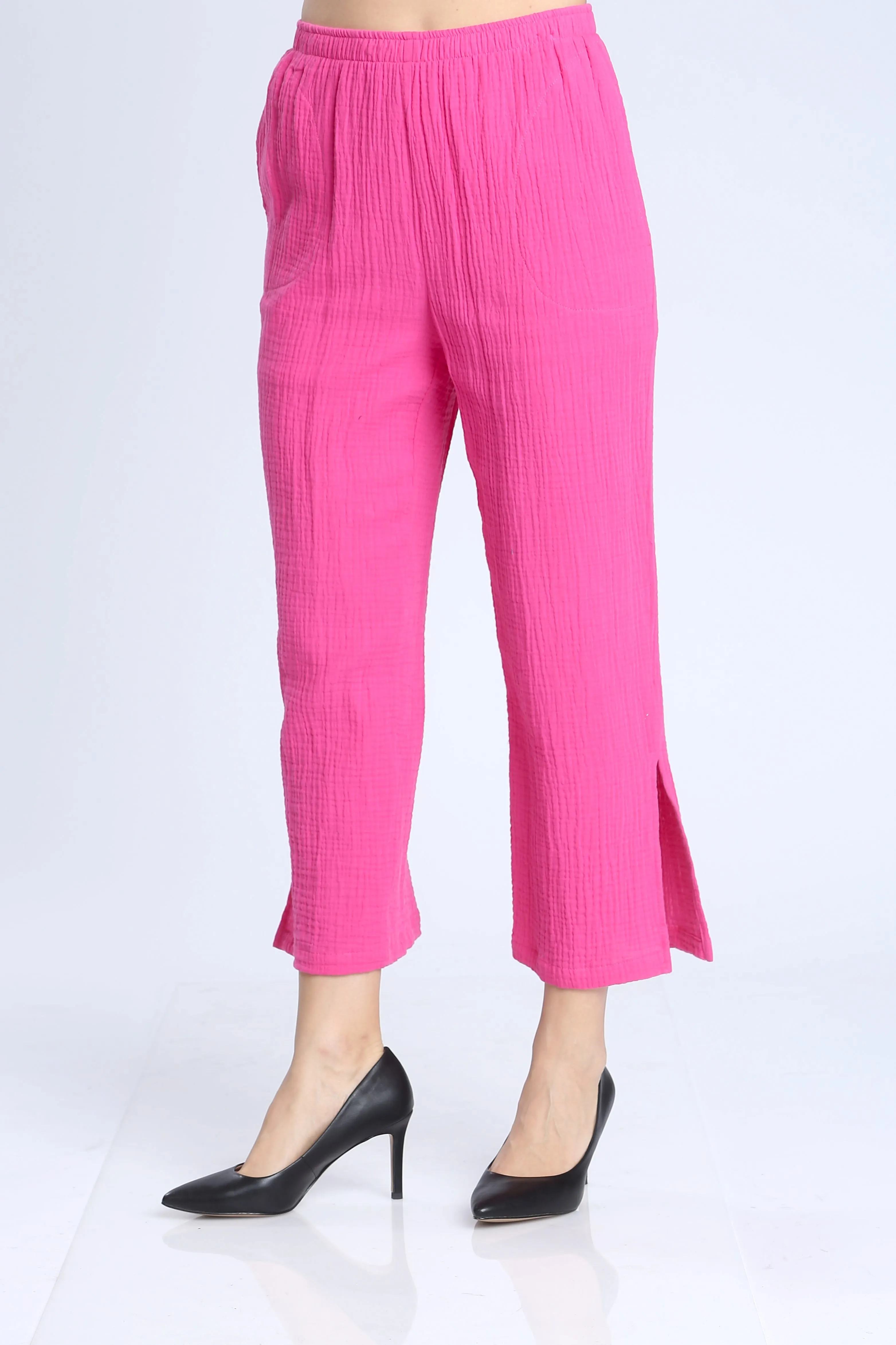 Fuchsia Wide Leg Textured Split Cuff Pants