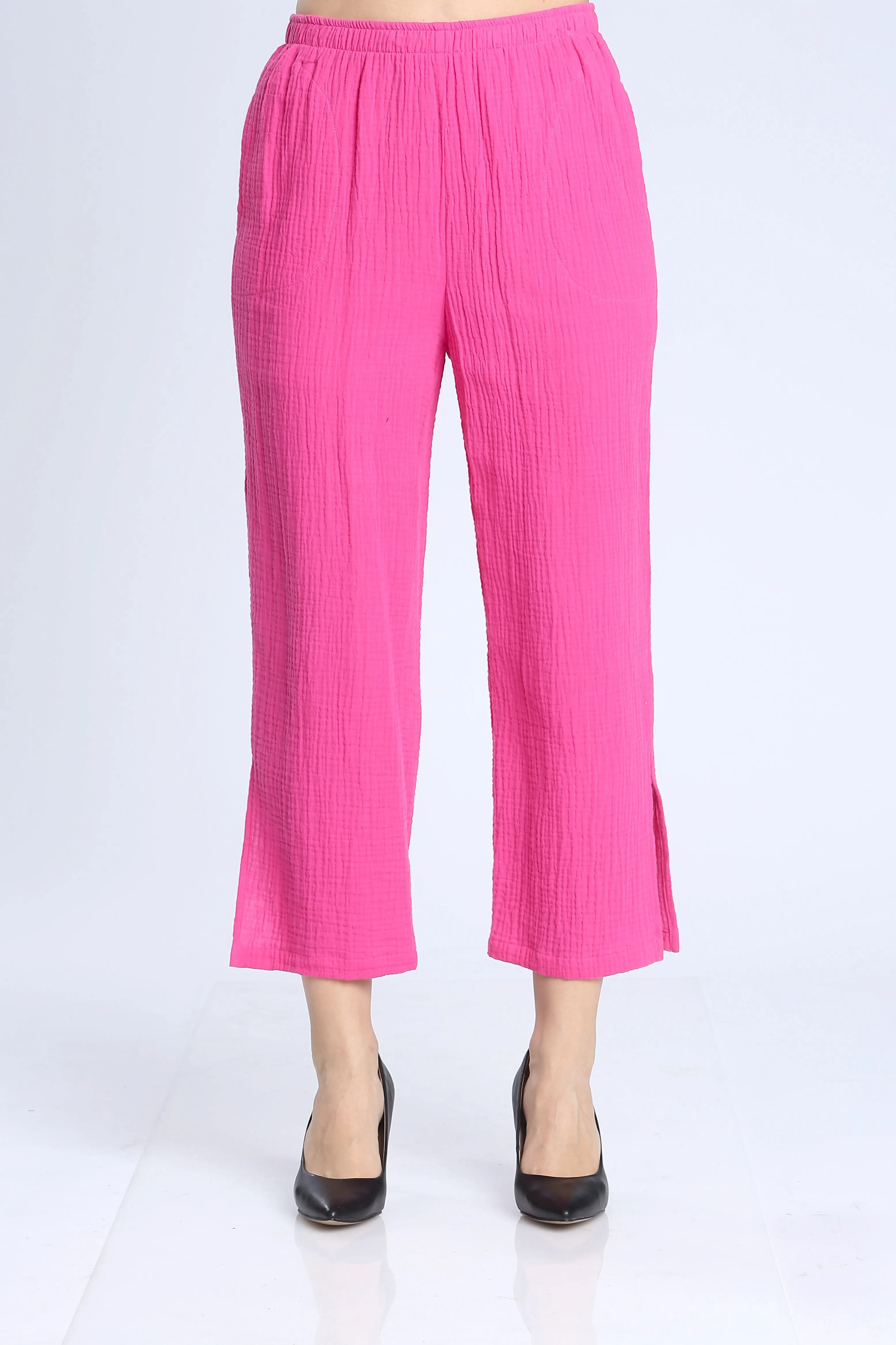 Fuchsia Wide Leg Textured Split Cuff Pants