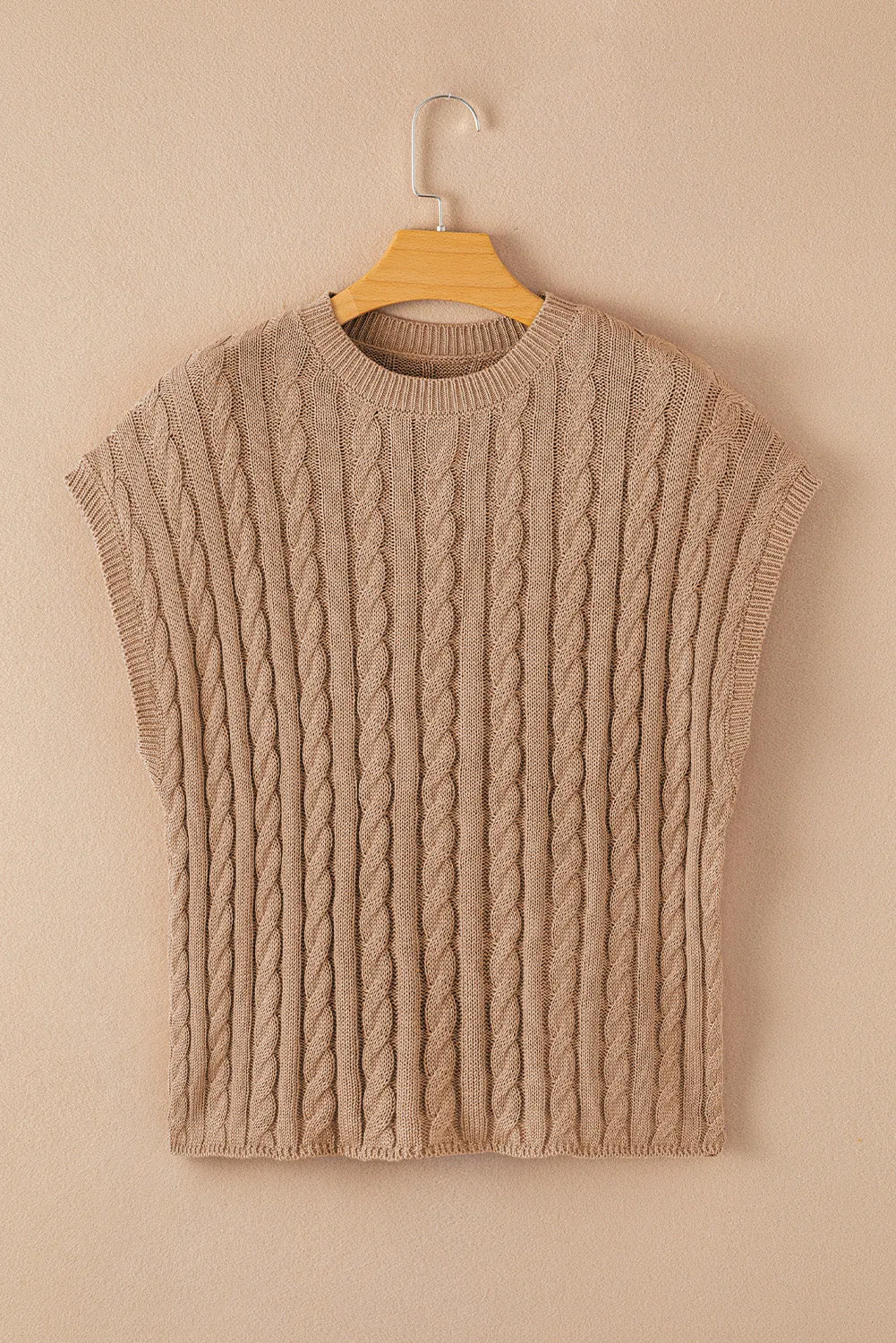 Gray Crew Neck Cable Knit Short Sleeve Sweater