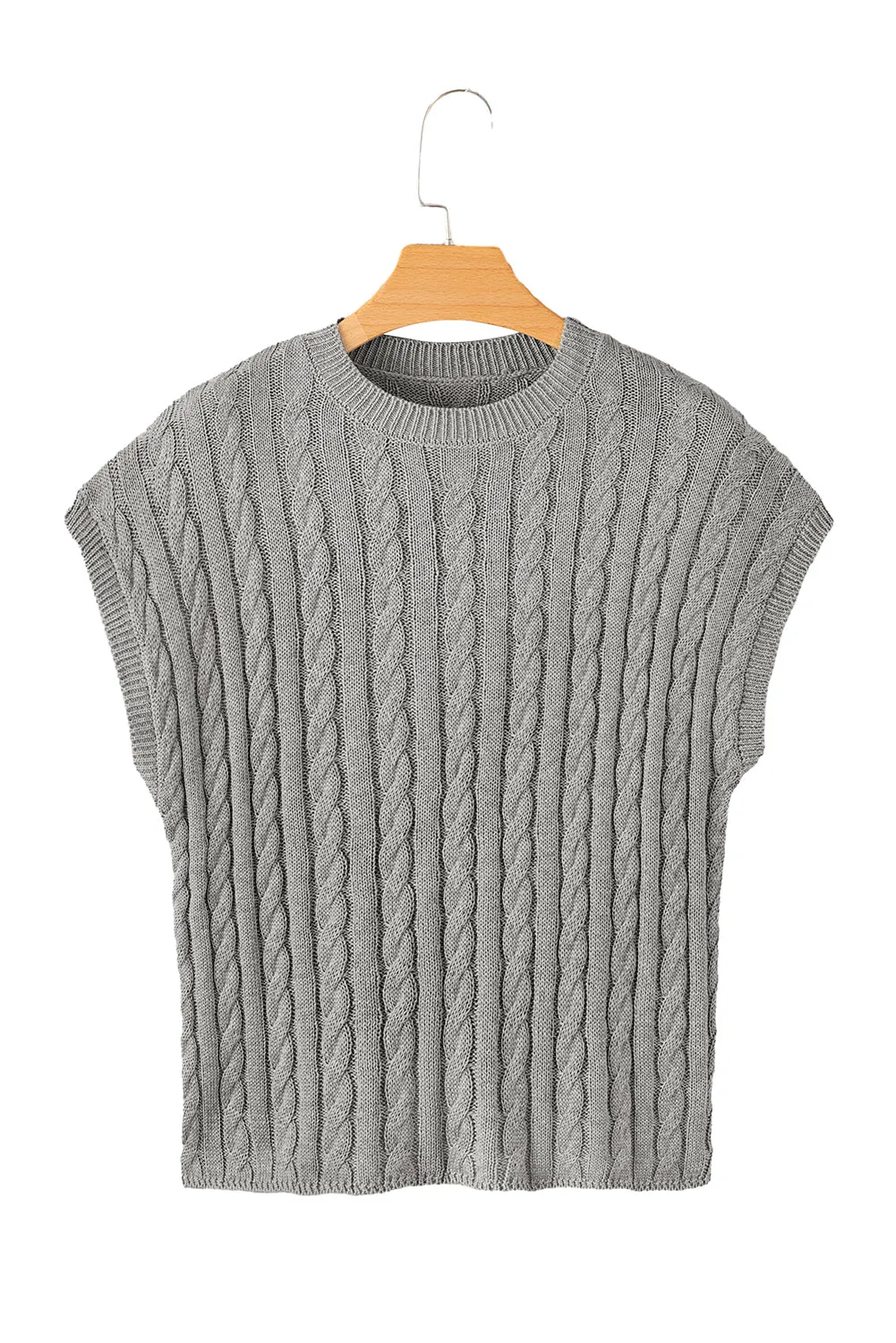 Gray Crew Neck Cable Knit Short Sleeve Sweater