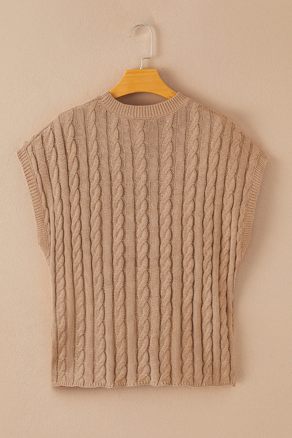 Gray Crew Neck Cable Knit Short Sleeve Sweater