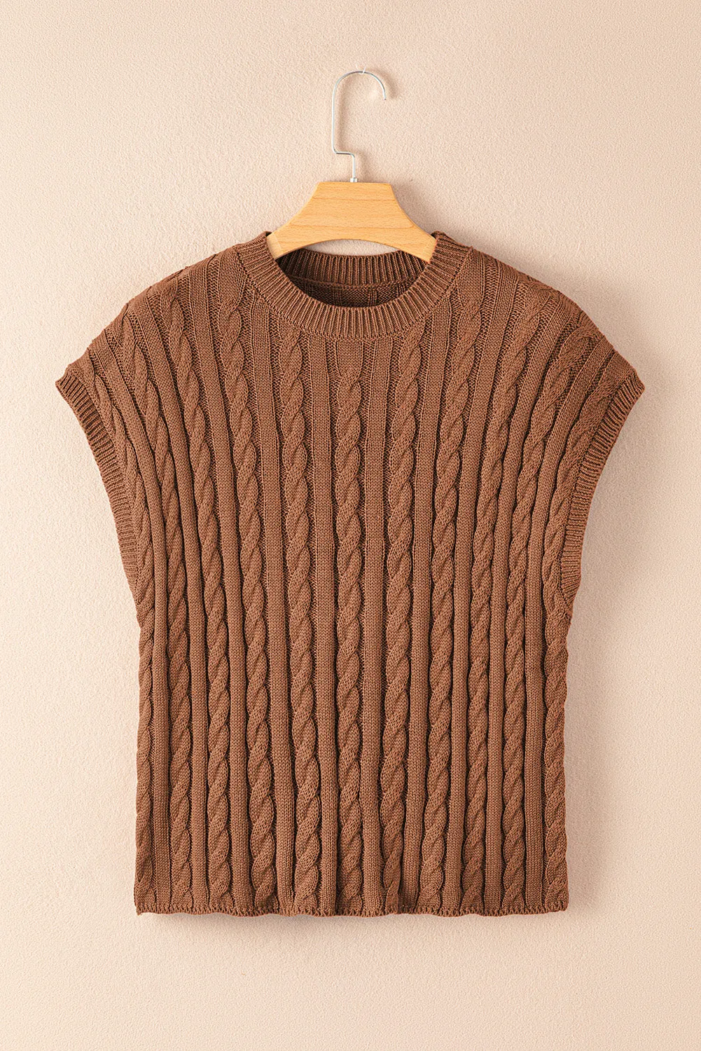 Gray Crew Neck Cable Knit Short Sleeve Sweater