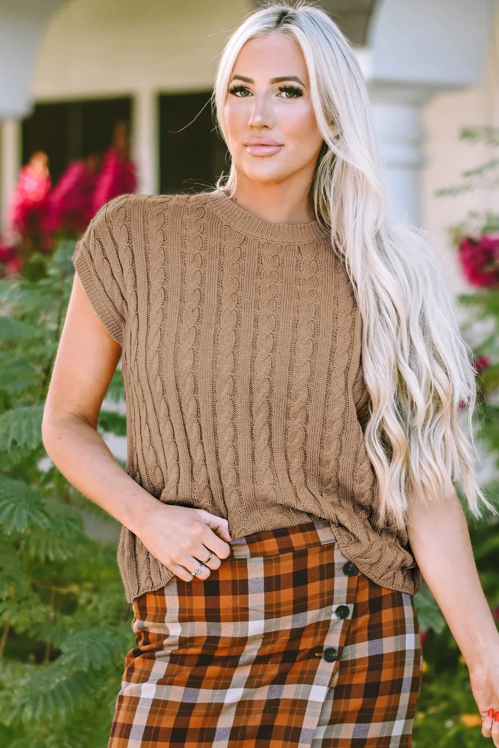 Gray Crew Neck Cable Knit Short Sleeve Sweater