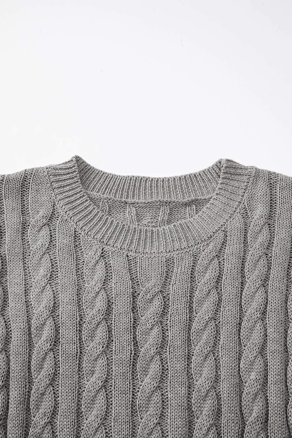 Gray Crew Neck Cable Knit Short Sleeve Sweater