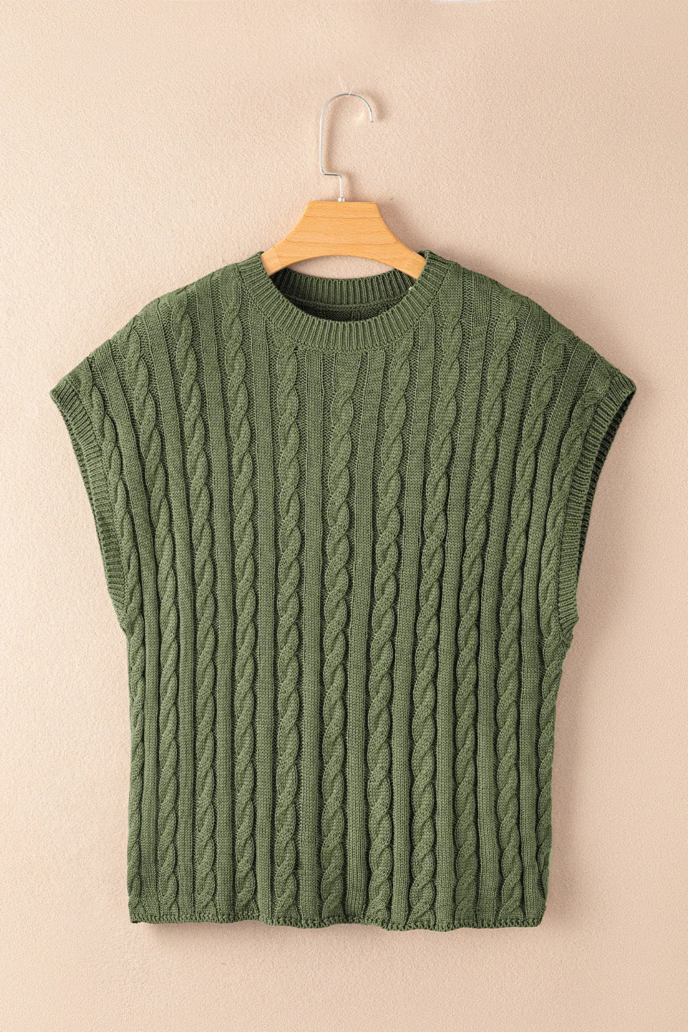 Gray Crew Neck Cable Knit Short Sleeve Sweater