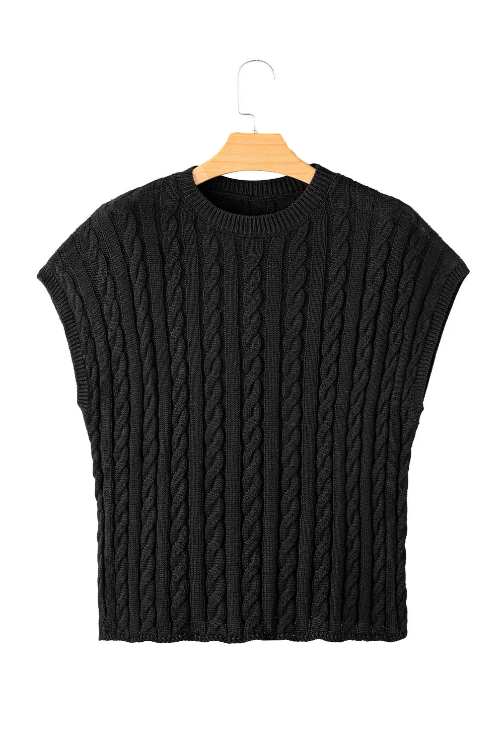 Gray Crew Neck Cable Knit Short Sleeve Sweater