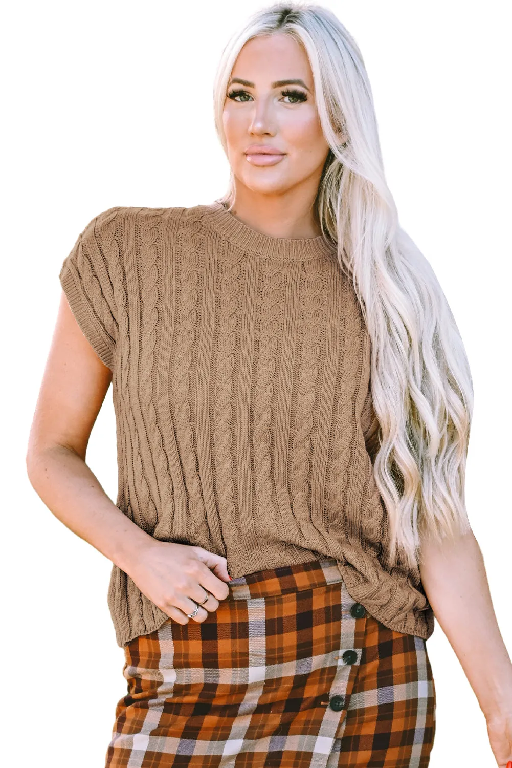 Gray Crew Neck Cable Knit Short Sleeve Sweater