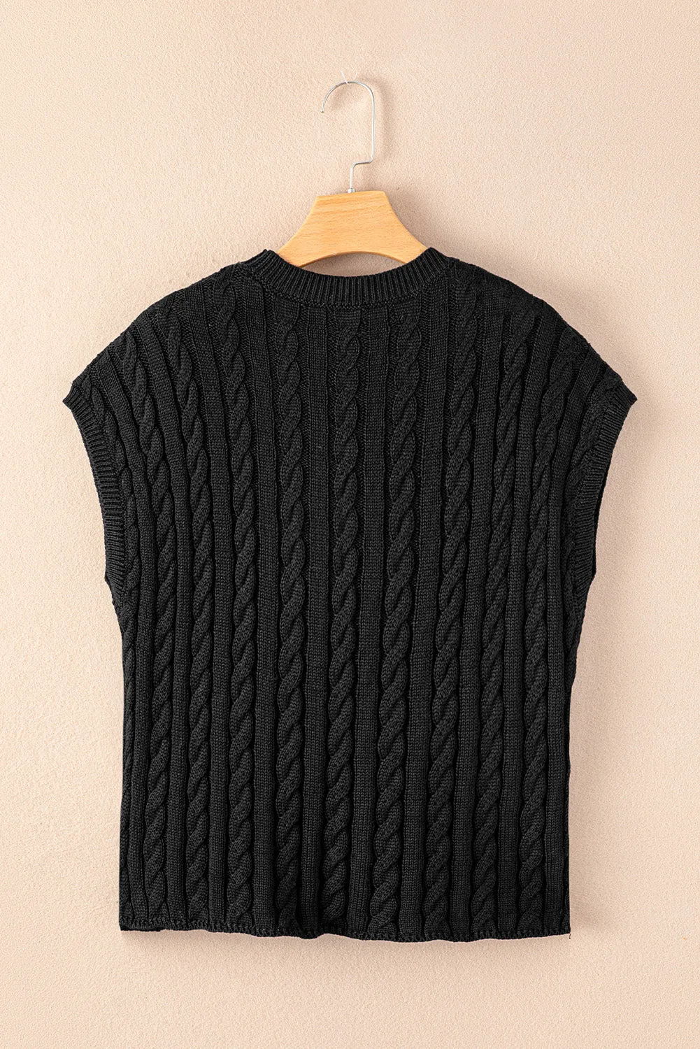 Gray Crew Neck Cable Knit Short Sleeve Sweater