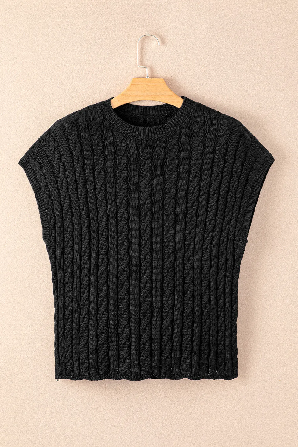 Gray Crew Neck Cable Knit Short Sleeve Sweater