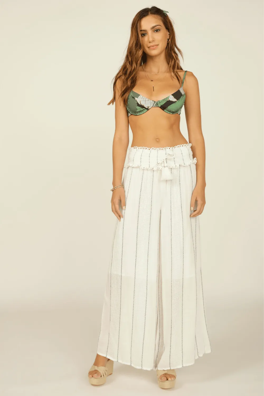 Ivory & Black Wide Leg Ruffle Pant