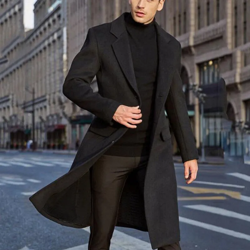 Jinquedai mens winter fashion British Men's Long Trench Coat Woolen Coat Men's Woolen Coat