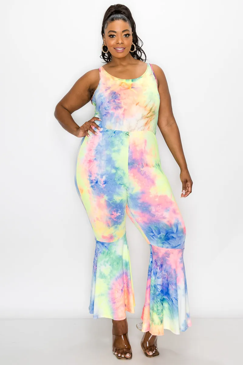 Kelse Tie Dye Bodycon Flare Leg Jumpsuit