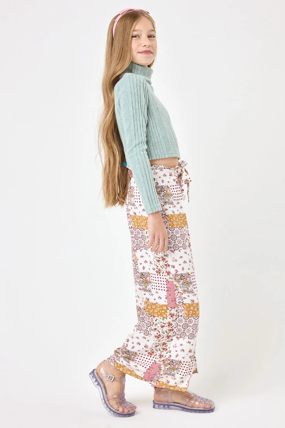 Kids White & Mauve Wide Leg Pants