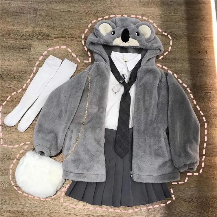 Koala Hooded Front Zipper Velvet Coat