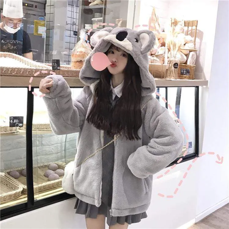 Koala Hooded Front Zipper Velvet Coat