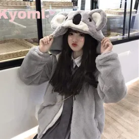 Koala Hooded Front Zipper Velvet Coat