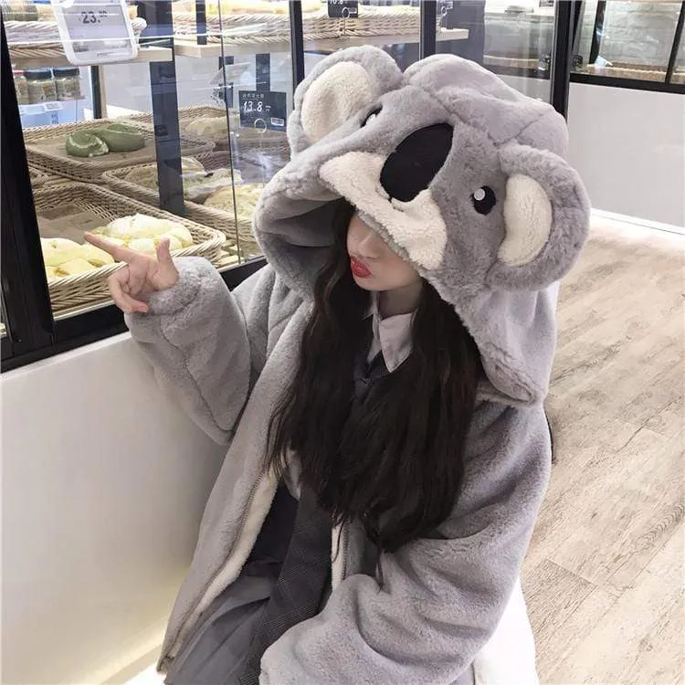 Koala Hooded Front Zipper Velvet Coat