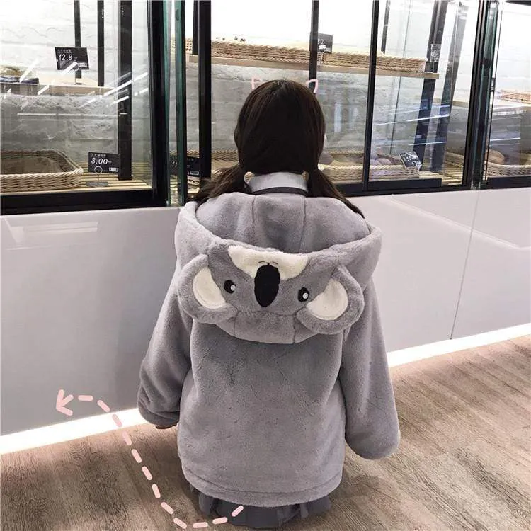 Koala Hooded Front Zipper Velvet Coat