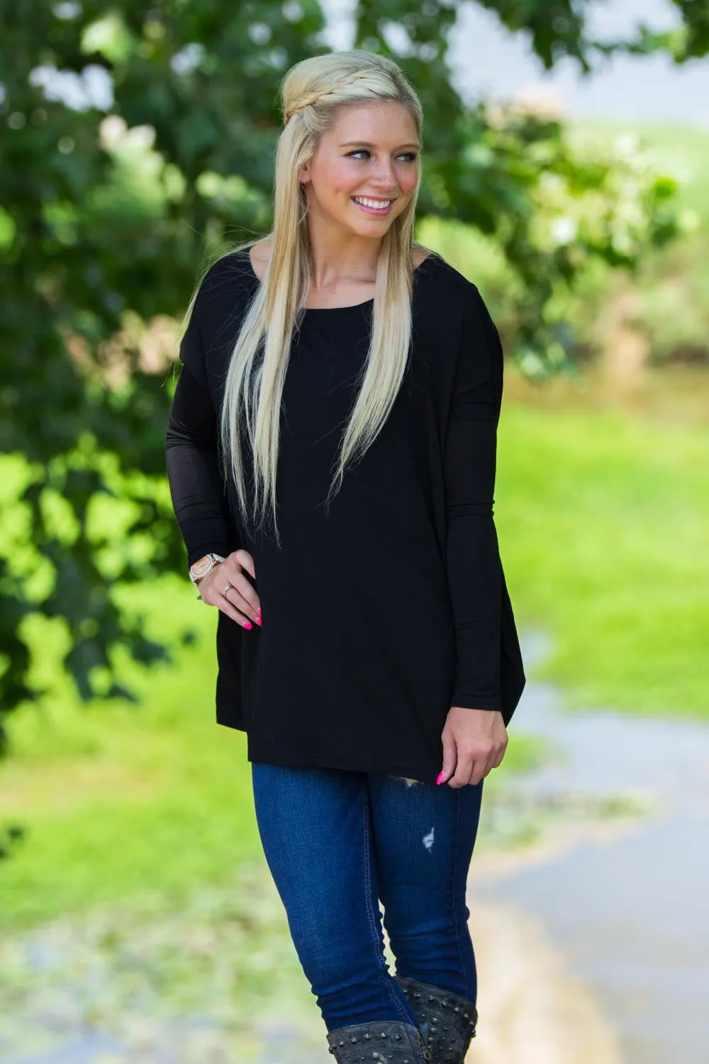 Long Sleeve Piko Top - Black