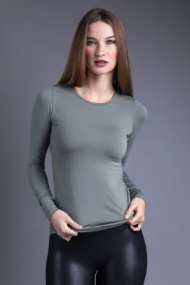 Majestic Long Sleeve Soft Touch Viscose Crewneck in Kaki Army