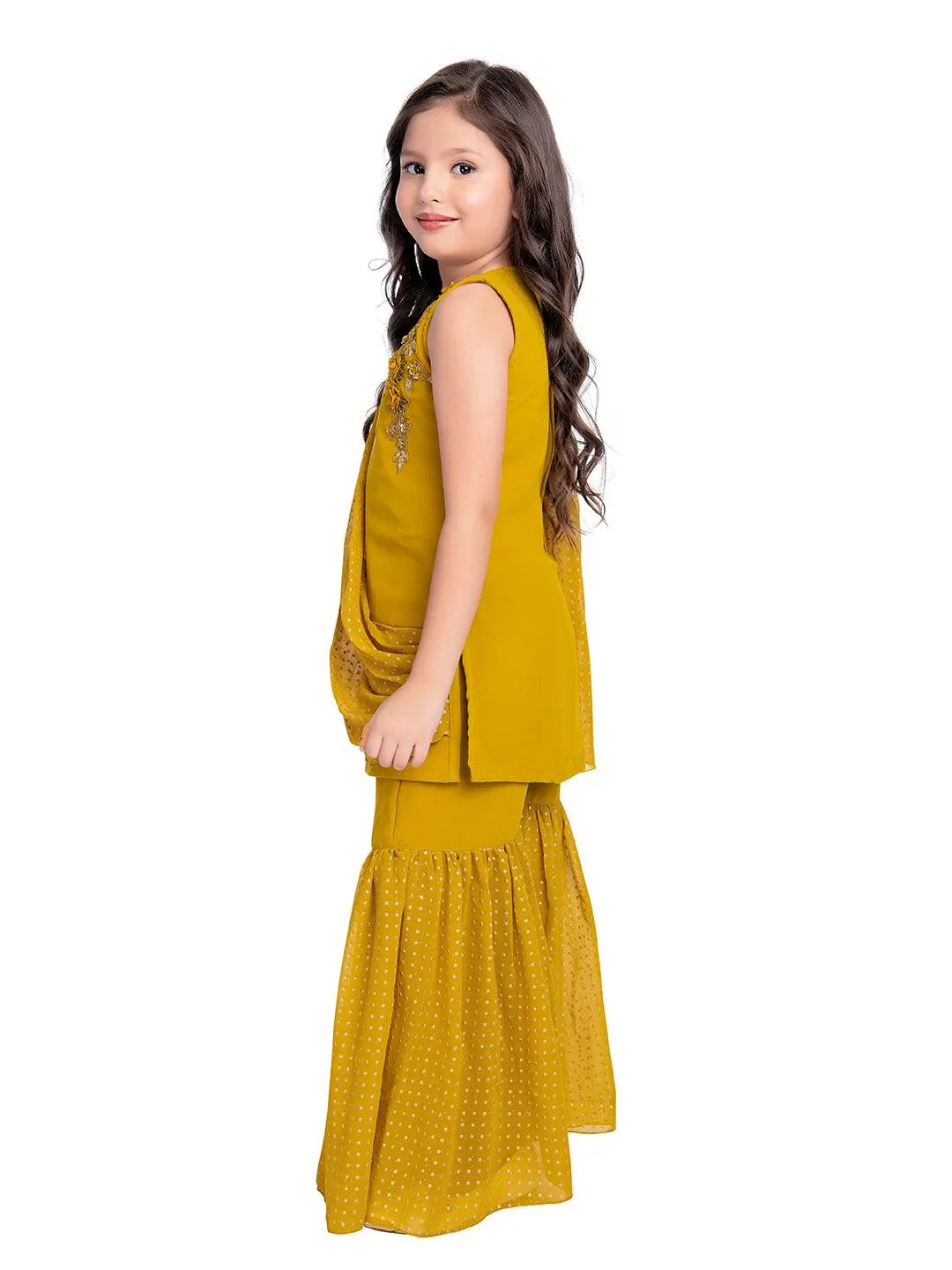 Mustard Embellished Kurta & Sharara Set For Girls