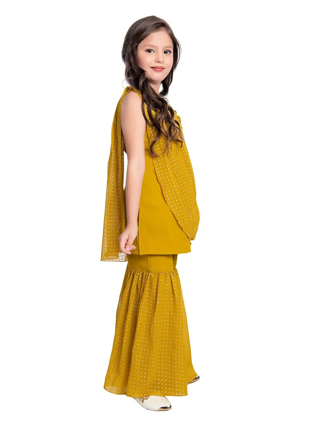 Mustard Embellished Kurta & Sharara Set For Girls