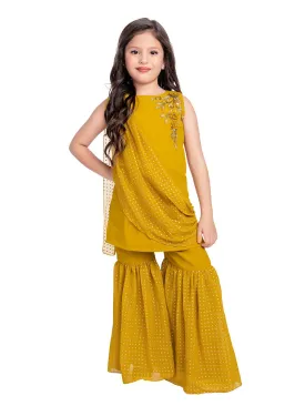 Mustard Embellished Kurta & Sharara Set For Girls