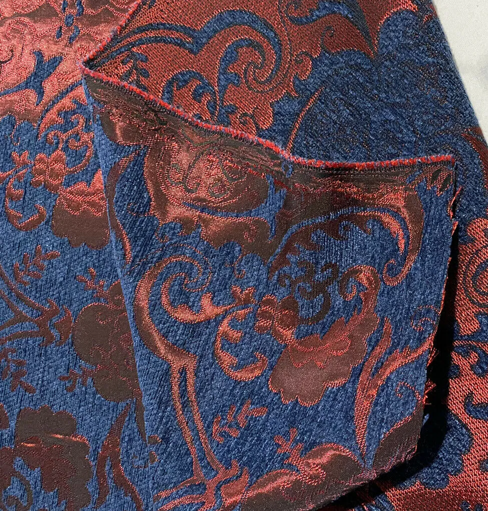 NEW Lady Emile Designer Medallion Burnout Chenille Velvet Fabric - Blue & Metallic Red BTY