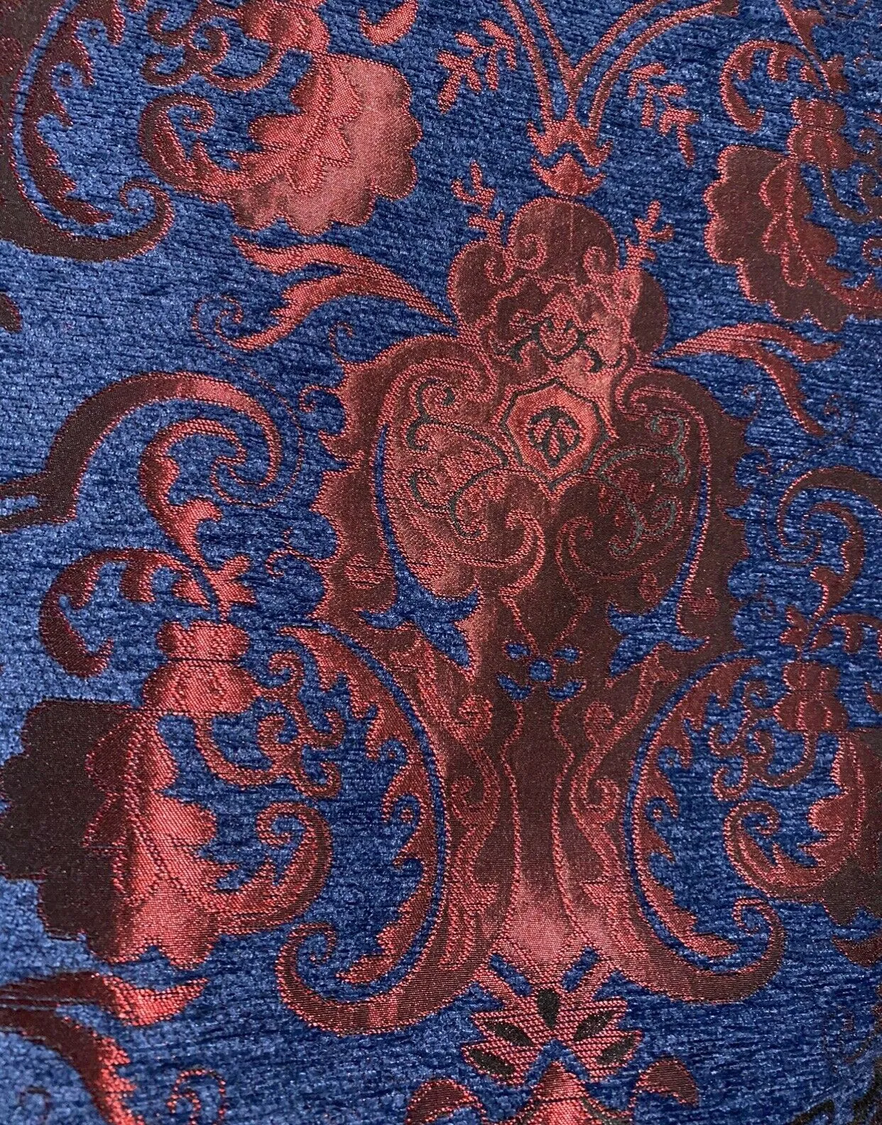 NEW Lady Emile Designer Medallion Burnout Chenille Velvet Fabric - Blue & Metallic Red BTY