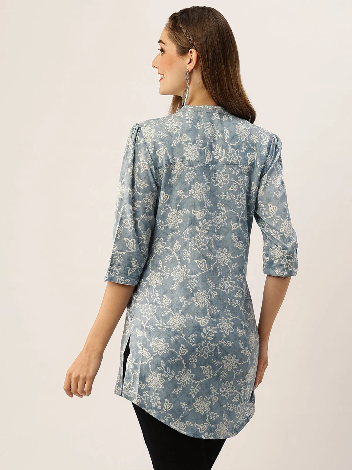 Odette Aqua Blue Printed Rayon Stitched Short Kurta For Women