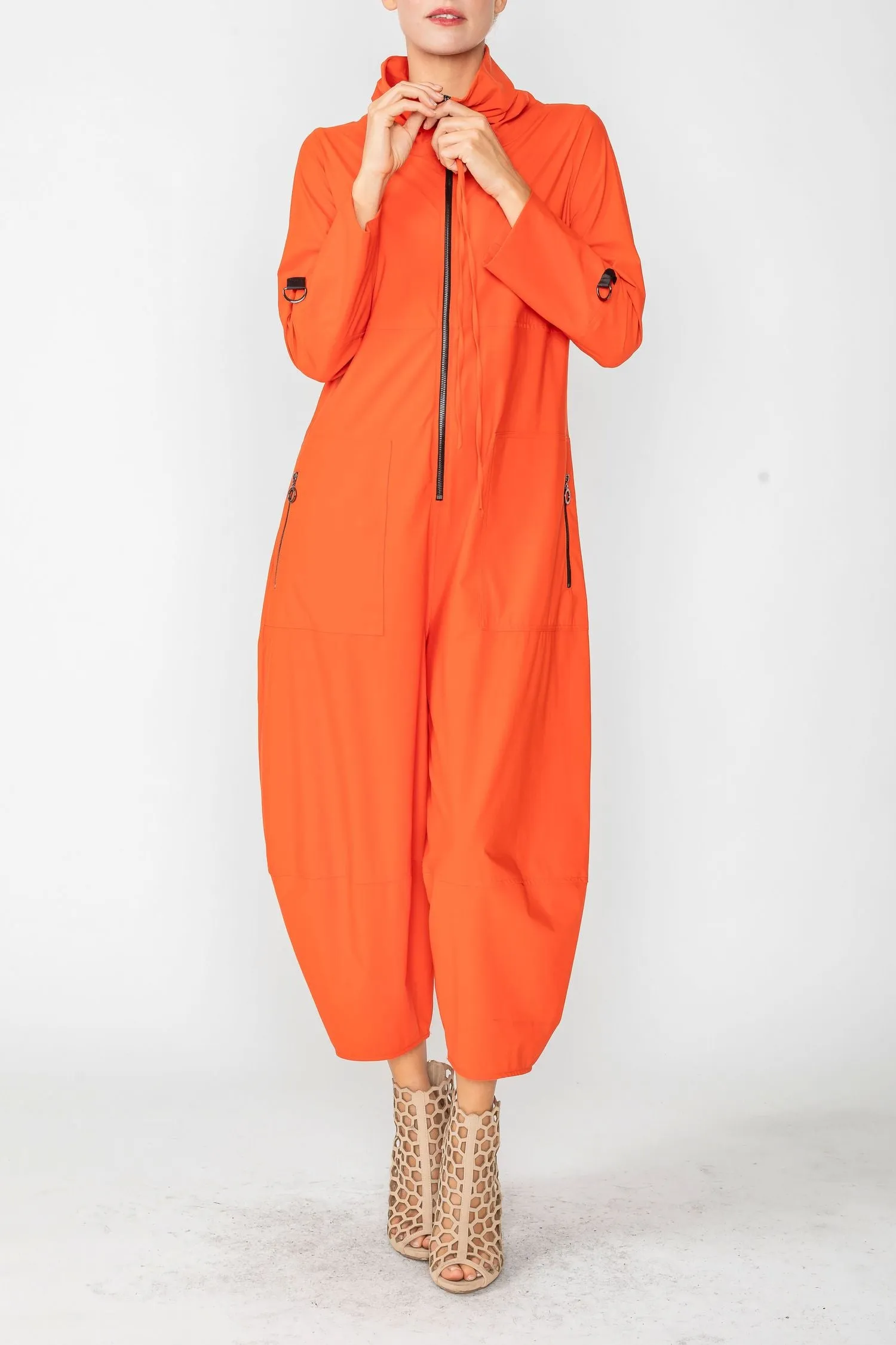 Orange Zip-Up Front Cropped Long Sleeve Jumpsuit