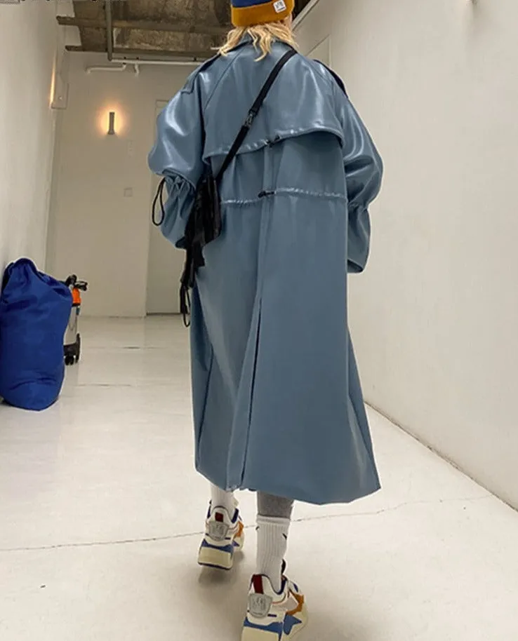 Purpdrank - Autumn Oversized blue long leather trench coat women raglan sleeve drawstring Loose casual waterproof raincoat