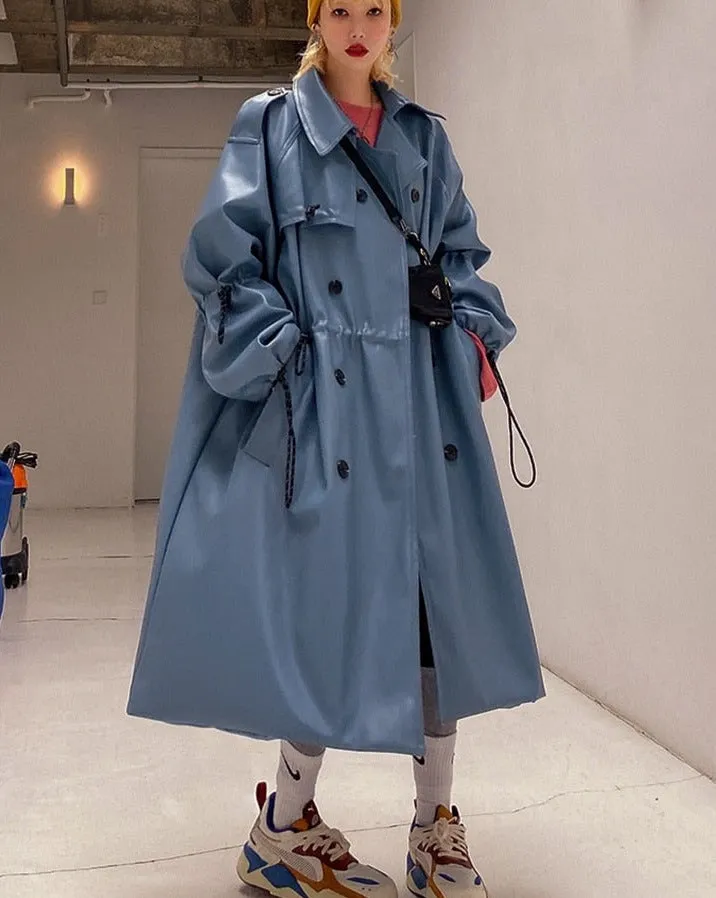 Purpdrank - Autumn Oversized blue long leather trench coat women raglan sleeve drawstring Loose casual waterproof raincoat