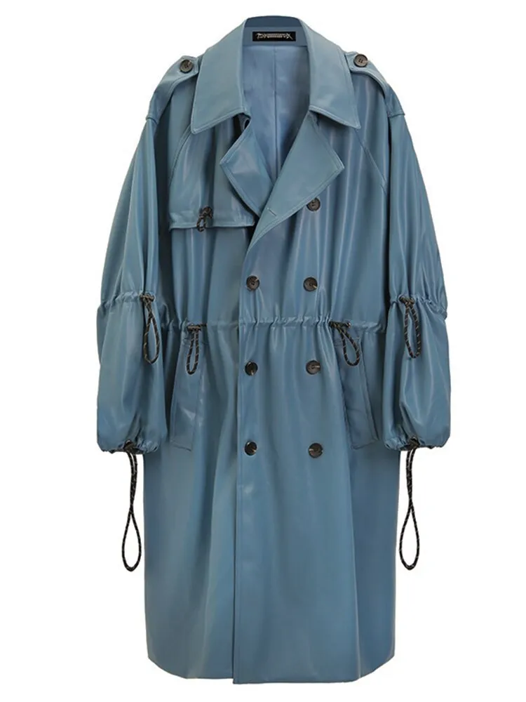 Purpdrank - Autumn Oversized blue long leather trench coat women raglan sleeve drawstring Loose casual waterproof raincoat