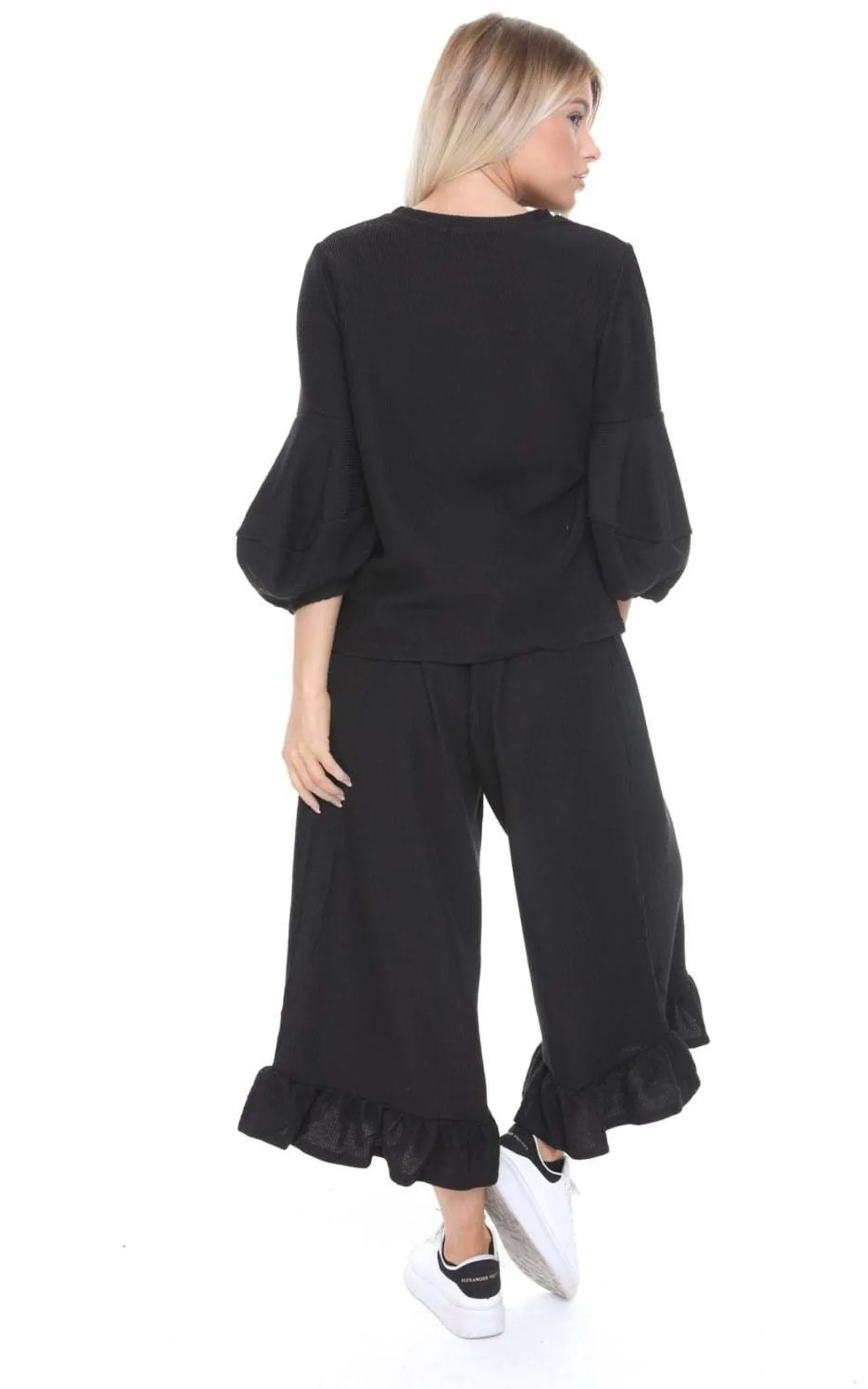 Ribbed Knit Puffer Sleeve Jumper and Wide Leg Ruffle Culotte Trouser Co-Ord Set