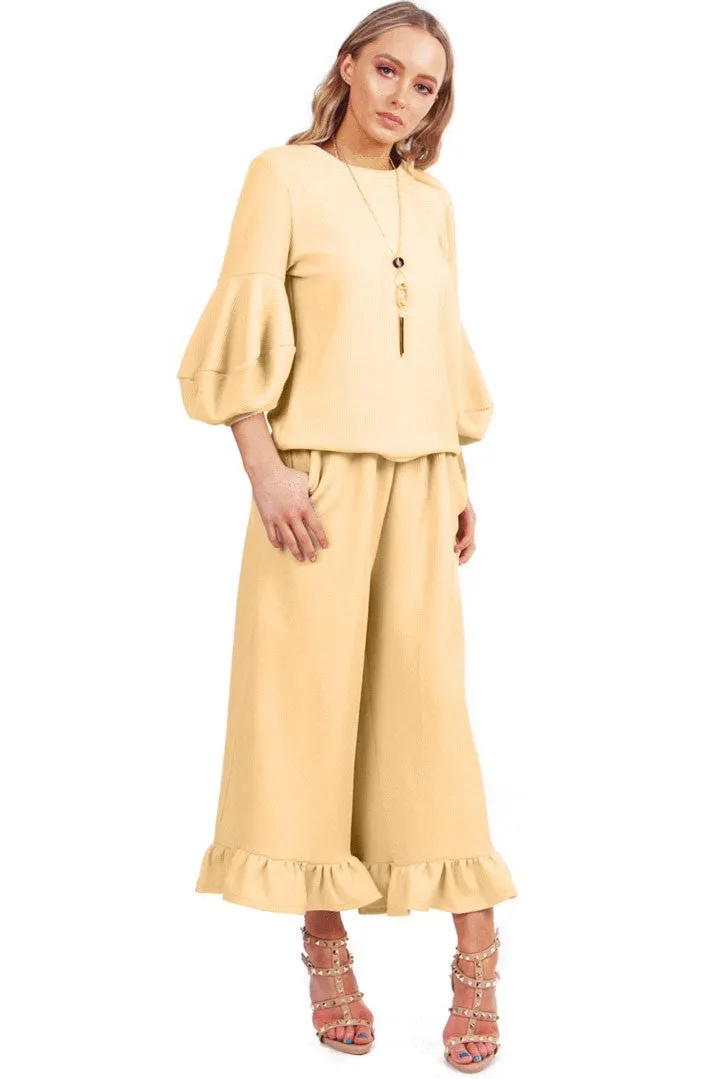 Ribbed Knit Puffer Sleeve Jumper and Wide Leg Ruffle Culotte Trouser Co-Ord Set